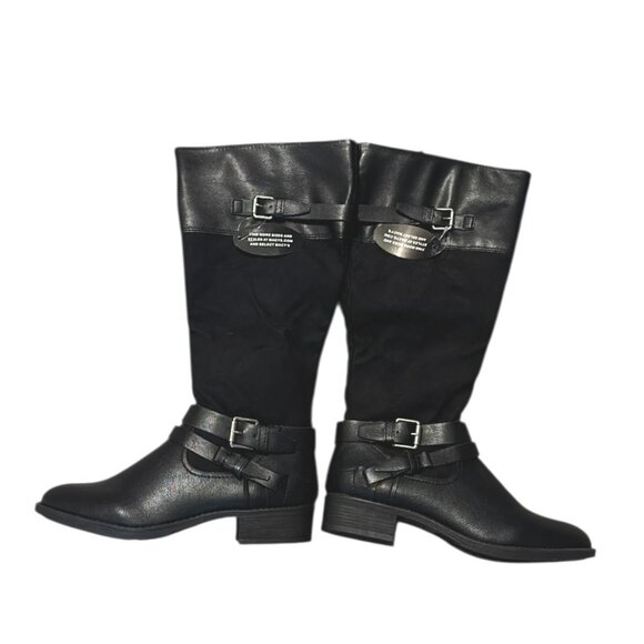 NWT Style and Company Black Faux Leather Suede Wide Calf Knee High Boots Buckle - Picture 2 of 5